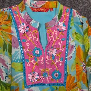 Haute Curry Womens M Floral Tunic Dress Turquoise Pink Bollywood Embroidered‎
